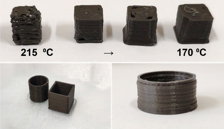 Printing tests on the final composite magnetic filament.  Photos on the University of Seville.